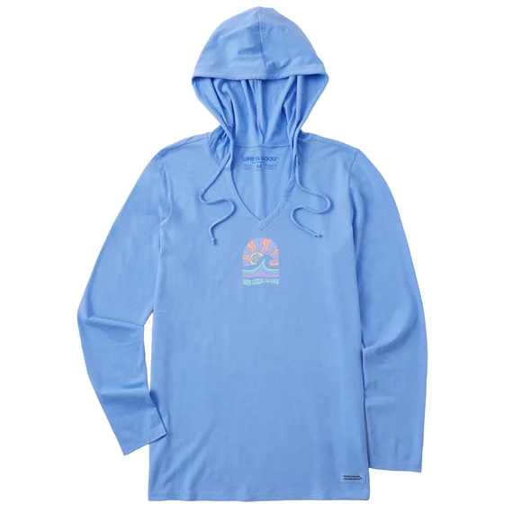 Life is Good. Women's Here Comes The Sunshine Arch Long Sleeve Crusher-LITE Hooded Tee, Cornflower Blue Hoodie with Monochrome Minimalist Simple