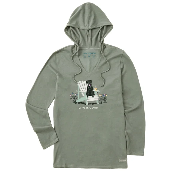 Life is Good. Women's Realisn't Black Lab Adirondack Long Sleeve Crusher-LITE Hooded Tee, Moss Green Hoodie with Frayed Bohemian Relaxed