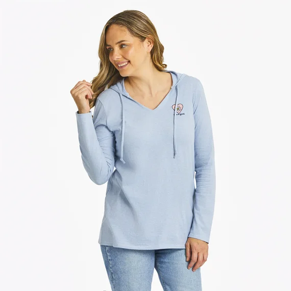 Life is Good. Women's Simple Daisy Heart Long Sleeve Striped Crusher-LITE Hooded Tee, Glacier Blue Hoodie with Emblem Brand Identity