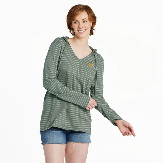 Life is Good. Women's Sunflower Long Sleeve Striped Crusher-LITE Hooded Tee, Moss Green Hoodie with Reflective Safety Nightwear