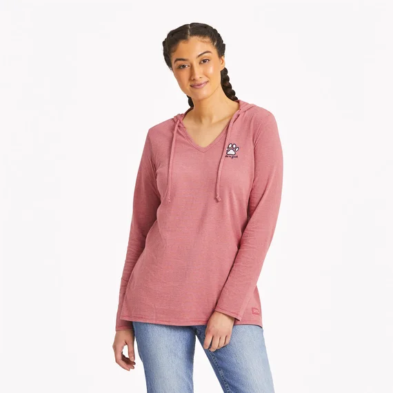 Life is Good. Women's Vintage Paw Print Long Sleeve Striped Crusher-LITE Hooded Tee, Faded Red Hoodie with Metallic Shiny Futuristic