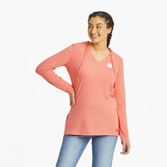 Life is Good. Women's Woodcut Sand Dollar Long Sleeve Striped Crusher-LITE Hooded Tee Hoodie with Fur Luxurious Winter