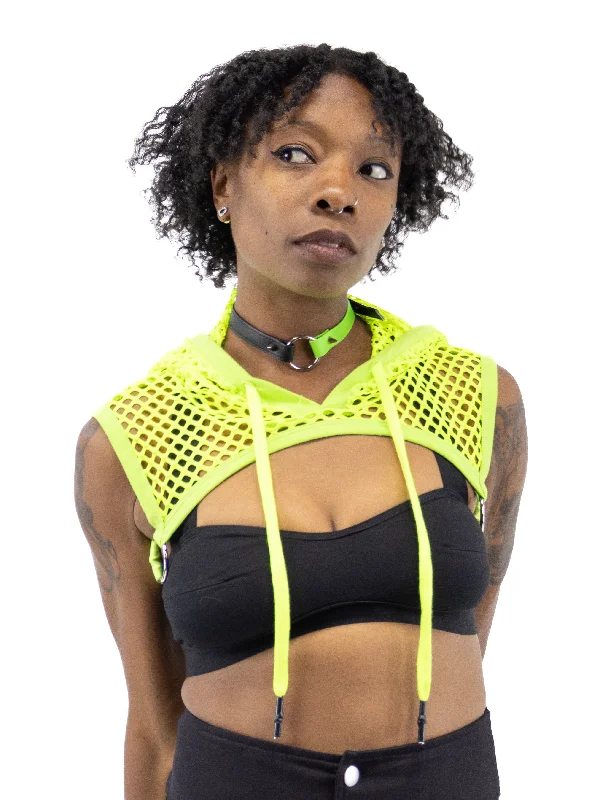 Lime Fishnet Hooded Harness Hoodie with Toggle Buttons Decorative Unique