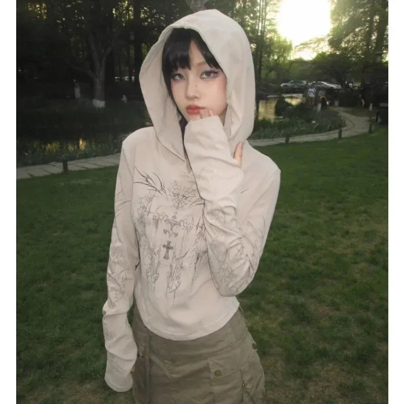 Lunivop Korean Tattoo Printed Sexy Slim Long-sleeved T-shirt Women Spring New High Street Fashion All Match Hooded Crop Tops Hoodie with Distressed Vintage Worn