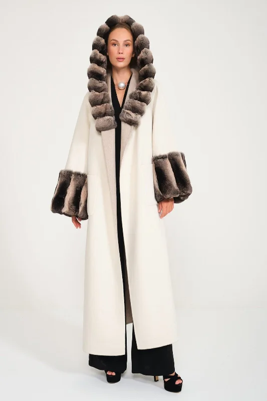 Milk / Casha Double Face Hooded Cashmere Chinchilla Fur Abaya Hoodie with Color Block Contrast Stylish