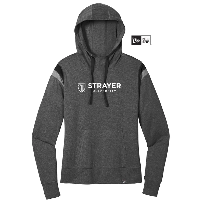 NEW STRAYER New Era ® Ladies Heritage Blend Varsity Hoodie-Black Heather/ Black/ Shadow Grey Heather Hoodie with Drop Shoulder Relaxed Streetwear