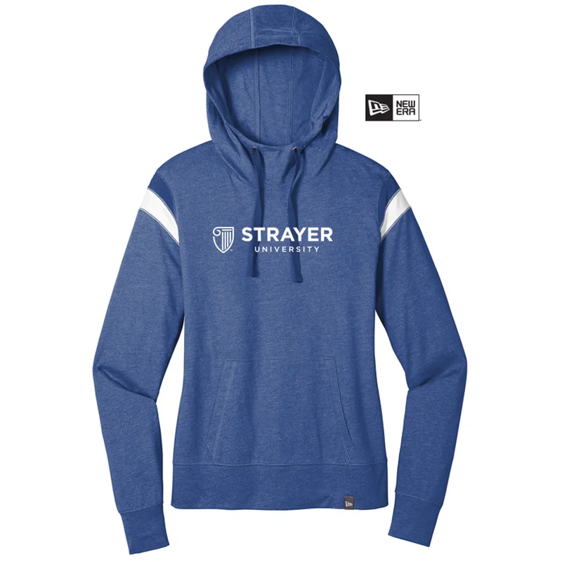 NEW STRAYER New Era ® Ladies Heritage Blend Varsity Hoodie- Royal Heather/ Royal/ White Hoodie with Metallic Shiny Futuristic