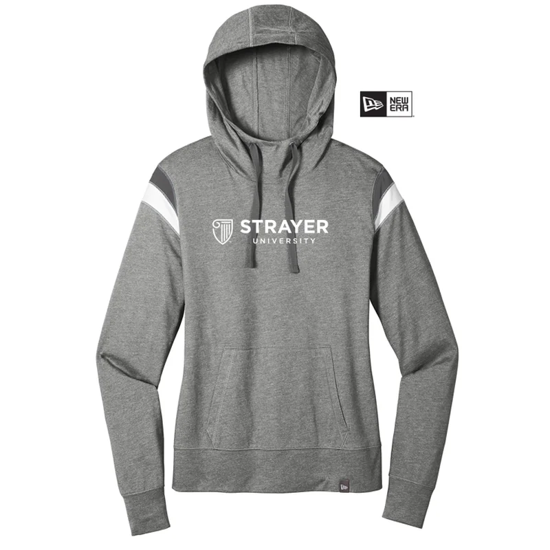 NEW STRAYER New Era ® Ladies Heritage Blend Varsity Hoodie- Shadow Grey Heather/ Graphite/ White Hoodie with Frayed Bohemian Relaxed