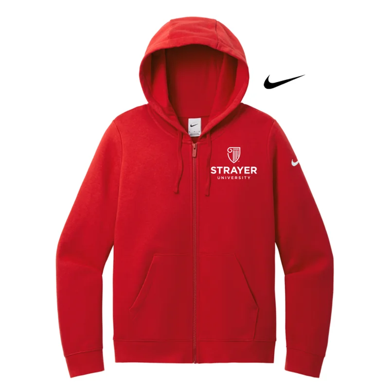 NEW STRAYER Nike Ladies Club Fleece Sleeve Swoosh Full-Zip Hoodie - University Red Hoodie with Exposed Zipper Edgy Industrial