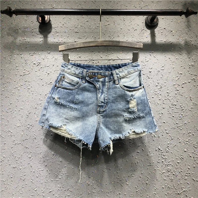 OUDINA Korean Ripped Denim Shorts For Women Bale Casual Slim Hot Pants Women Hole Denim Shorts Cozy Knit Pants