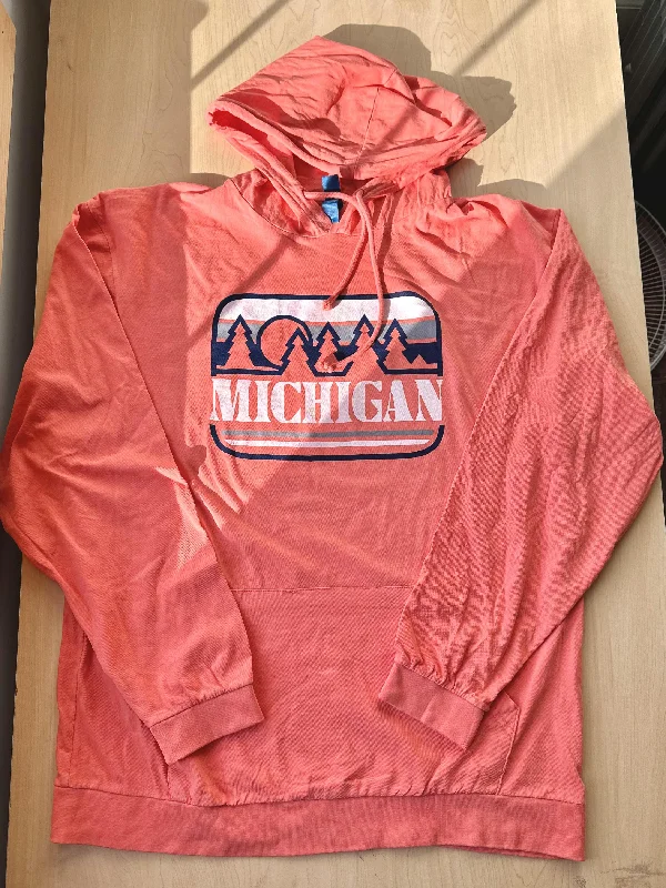 P117 Trail Lines Bright Salmon Hooded T Hoodie with Button Placket Classic Preppy