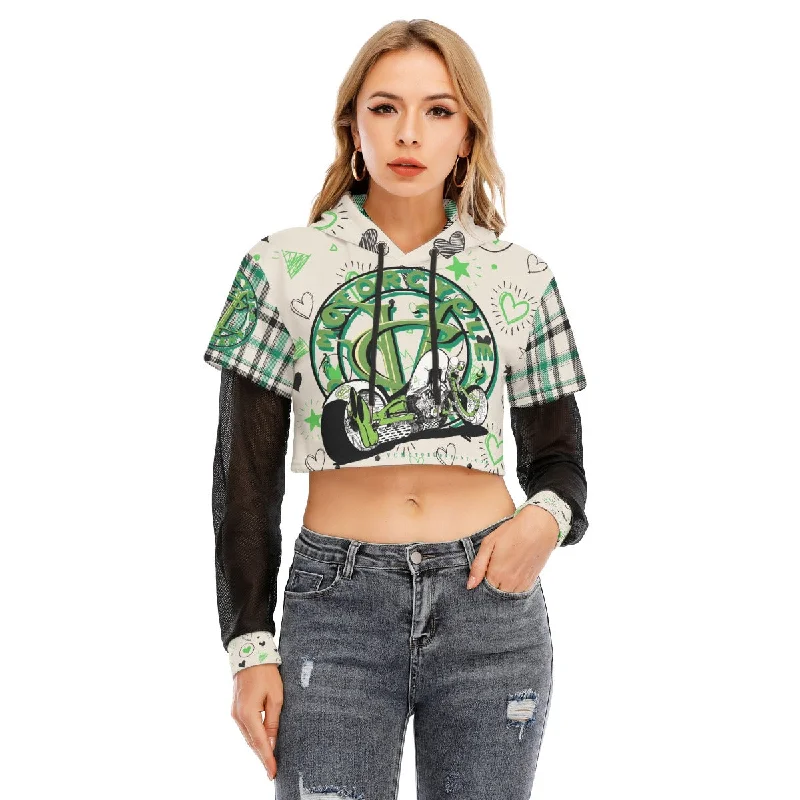 Rayne- One Bad Ass Bike - Girls Green Crop Top Motorcycle Hoodie Hoodie with Raglan Sleeves Sporty Comfortable