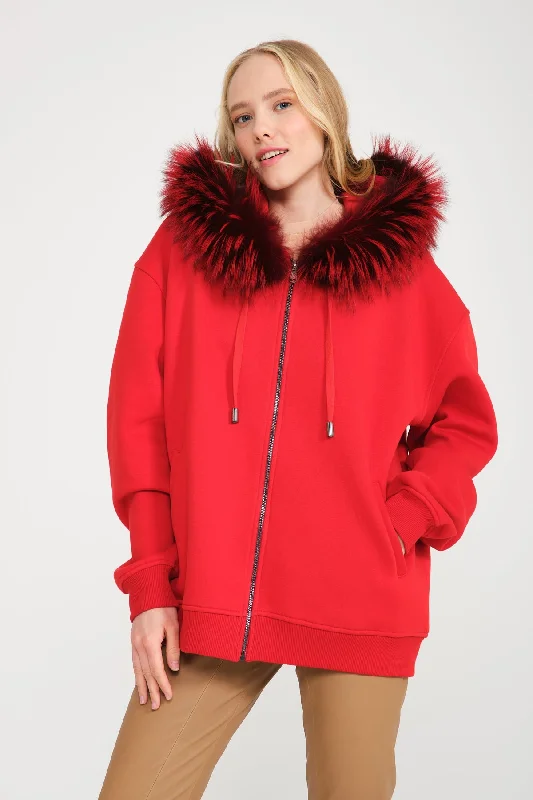 Red Fox Fur Lined Zipped Hoodie Hoodie with Slit Hem Functional Movement