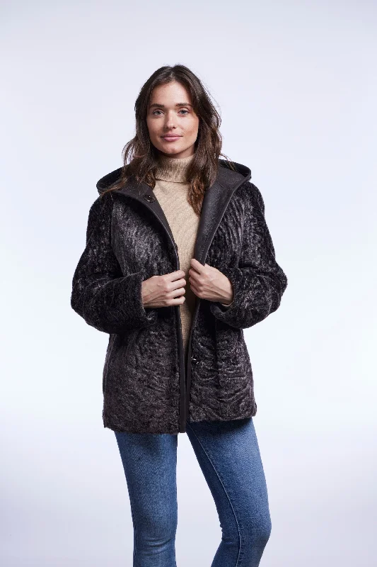 #150HDC Textured Shearling Reversible Hoodie Hoodie with Batwing Sleeves Loose Dramatic