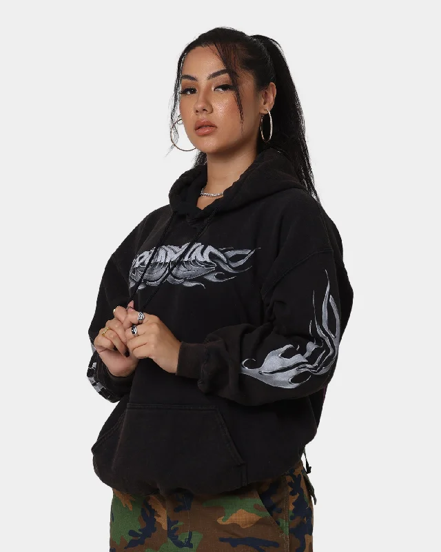 Rodman Brand Metal Logo Vintage Hoodie Black Wash Hoodie with Hem Patch Decorative Personalized