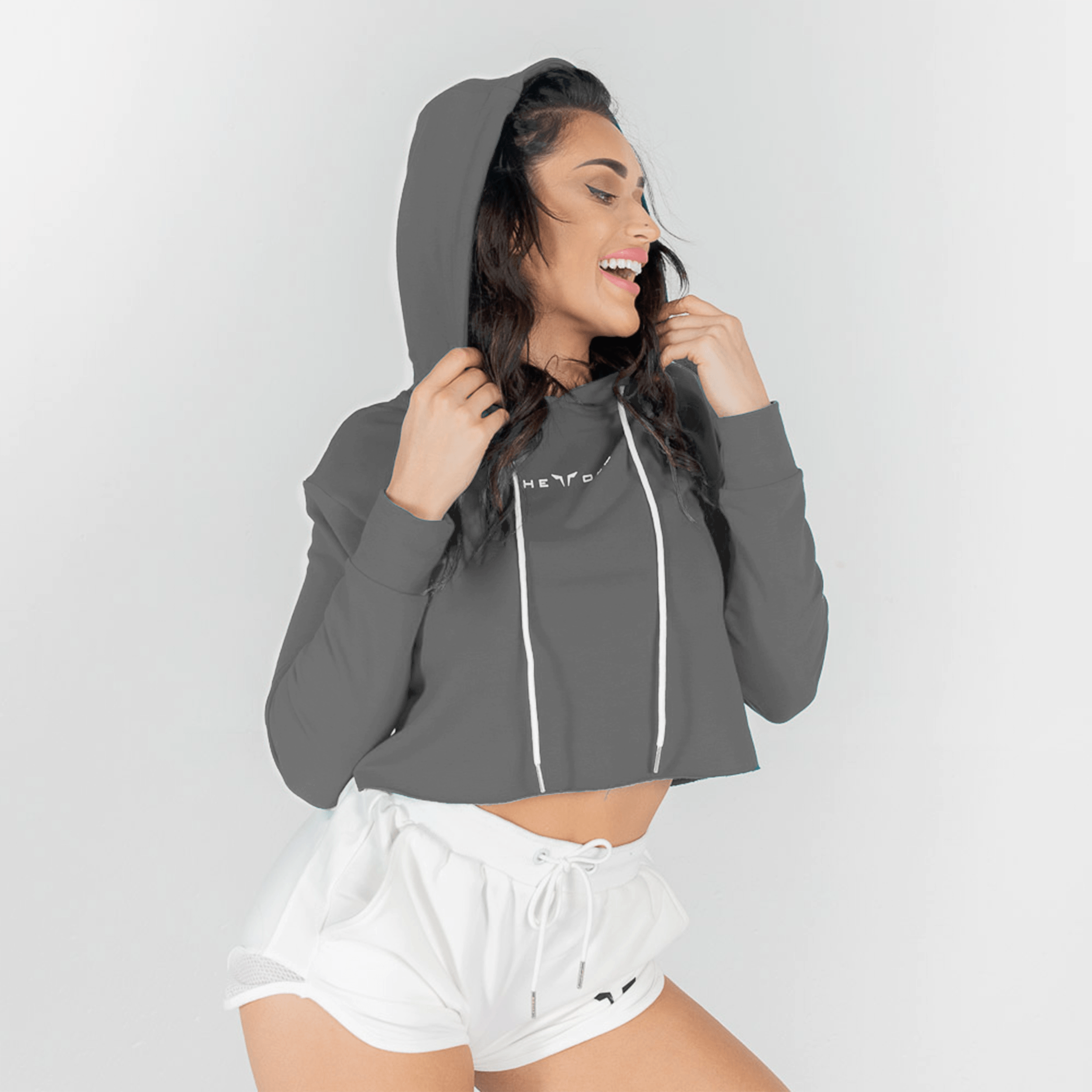 She-Wolf Crop Hoodie - Charcoal Hoodie with Button Placket Classic Preppy