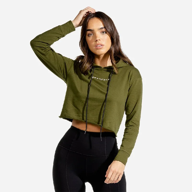 She-Wolf Crop Hoodie - Olive Hoodie with Double Zipper Versatile Adjustable