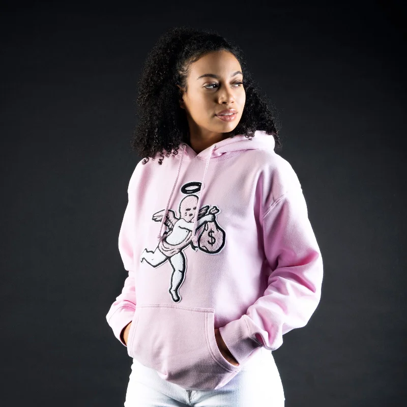 Pink Ski Mask Angel Chenille Patch Hoodie - HW Hoodie with Set-In Sleeves Structured Classic Pink Ski Mask Angel Chenille Patch Hoodie - HW Hoodie with Set-In Sleeves Structured Classic