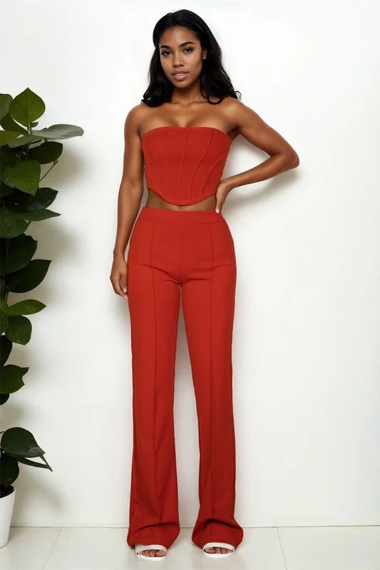 Strapless Corset Top & Flare Pants Set Fashionable Tapered Leg Pants