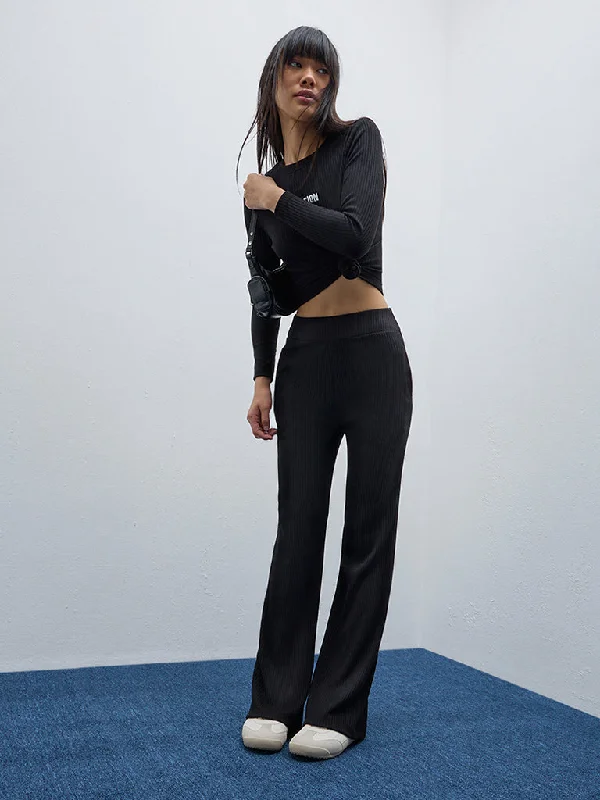 Studiofit Black Ribbed High-Rise Track Pants Classic Cropped Pants