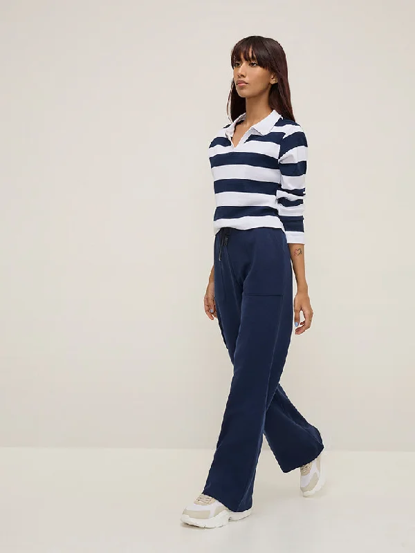 Studiofit Navy High-Rise Track Pants Trendy Velvet Pants