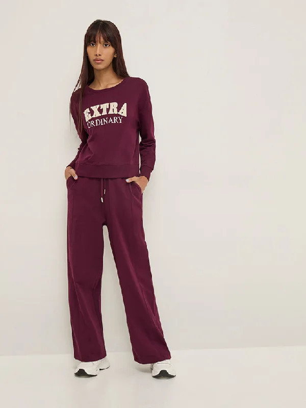 Studiofit Wine High-Rise Cotton Track Pants Relaxed Casual Leggings