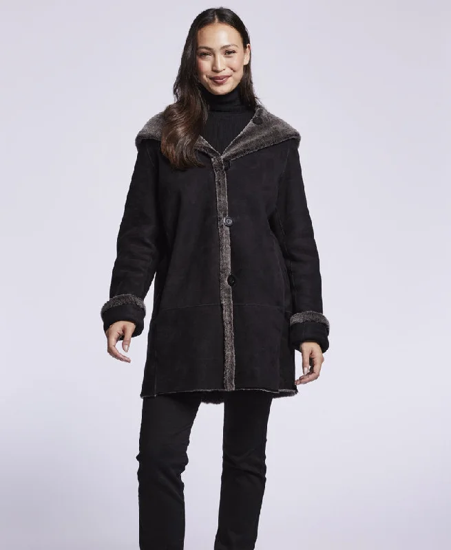 007 Reversible  hooded shearling topper Hoodie with Hem Detail Decorative Unique