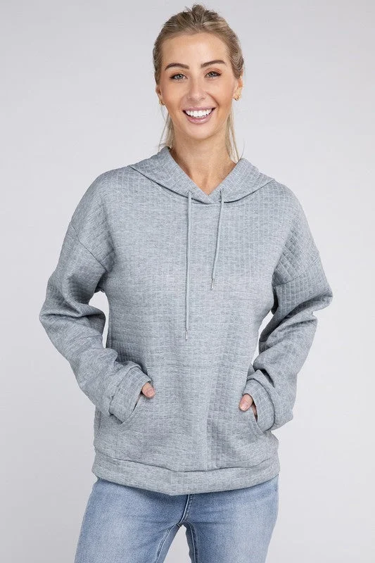 Textured Pocket Drawstring Hoodie Hoodie with Toggle Buttons Decorative Unique
