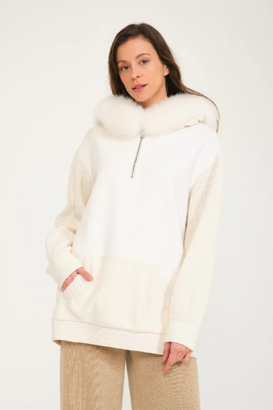 White Wool & Fox Fur Hoodie Hoodie with Hem Patch Decorative Personalized