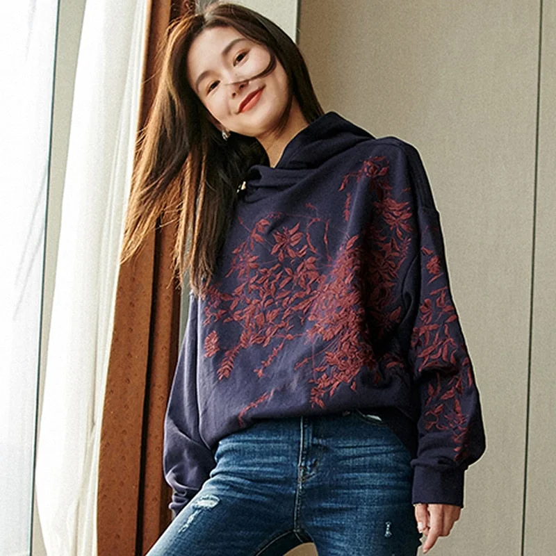 Women Hoodie Embroidery Loose Terry  Long Sleeves Casual Hoodie with Thumb Holes Functional Cozy