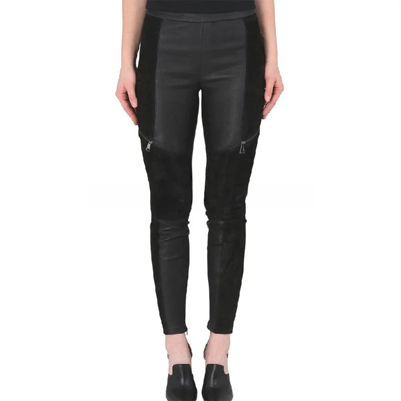 Women's Black Leather & Suede Pants - Layla Fashionable Tapered Leg Pants