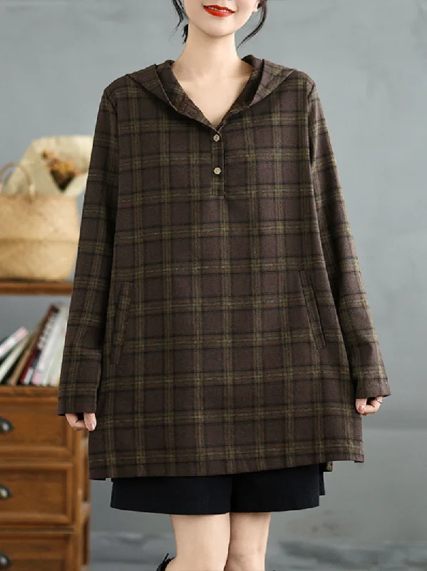 Women's Fashionable Look Plaid Hooded Loose Mid-Length Tops Shirts Hoodie with Embroidery Detailed Premium
