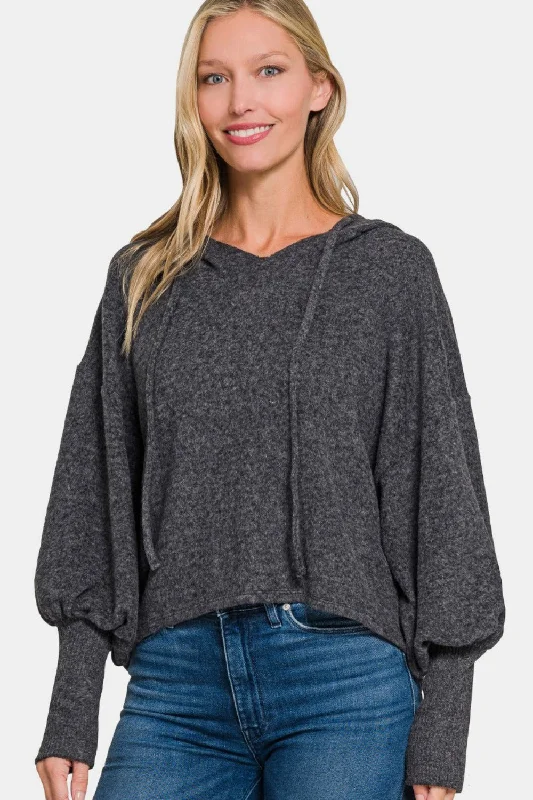 Zenana Brushed Hacci Drop Shoulder Cropped Hoodie Hooded Sweatshirt Casual Wear Street Style