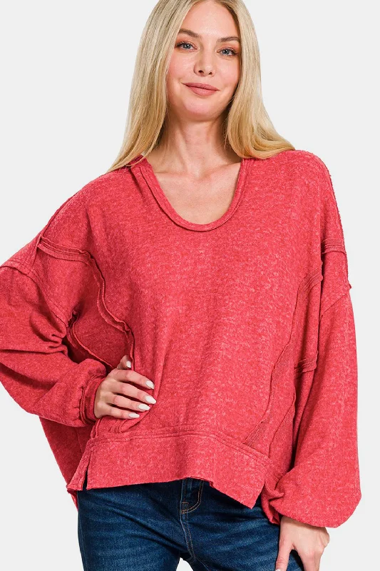 Zenana Brushed Hacci Exposed Seam Hoodie Hoodie with Crew Neck Simple Timeless