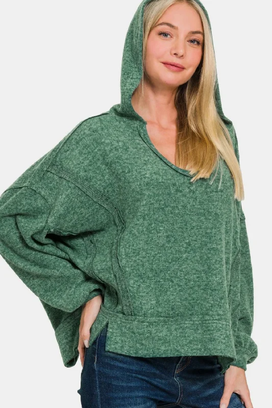 Zenana Brushed Hacci Exposed Seam Hoodie Hoodie with Cuffed Sleeves Snug Secure