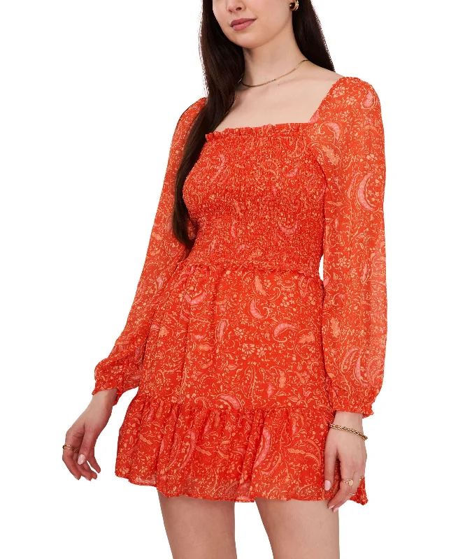 1.State Printed Smocked Ruffle Hem Dress