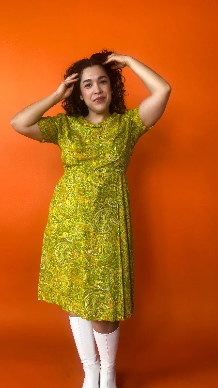 1960s Chartreuse Paisley Dress, sz. L