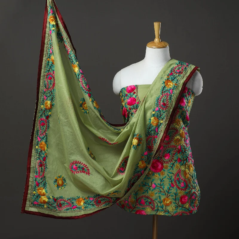 Green - 3pc Hand Embroidery Chanderi Silk Phulkari Dress Material 77
