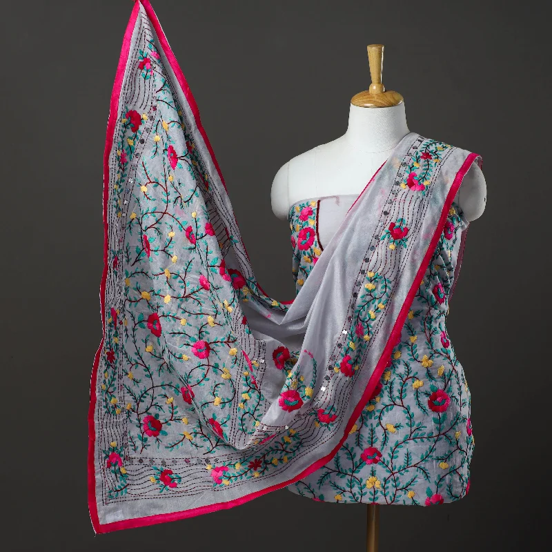 Grey - 3pc Hand Embroidery Chanderi Silk Phulkari Dress Material 79
