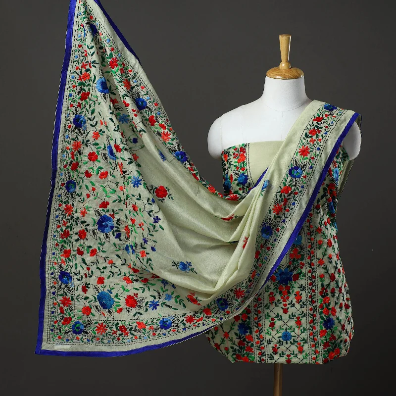Green - 3pc Hand Embroidery Chanderi Silk Phulkari Dress Material 81