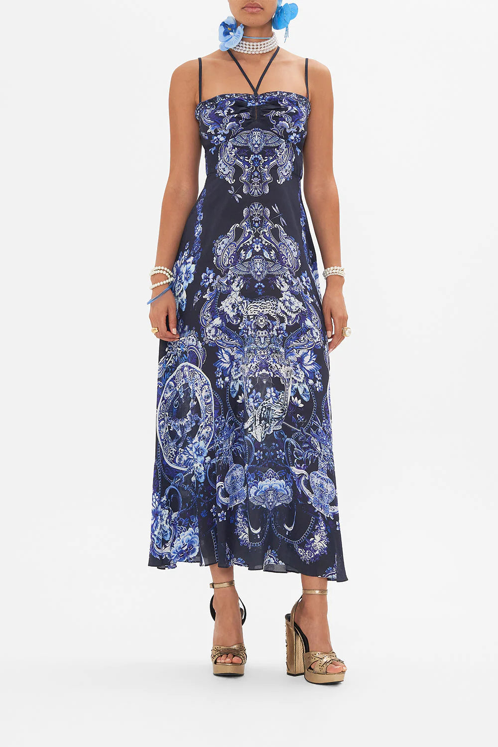 CAMILLA STRAP DETAIL DRESS IN DELFT DYNASTY