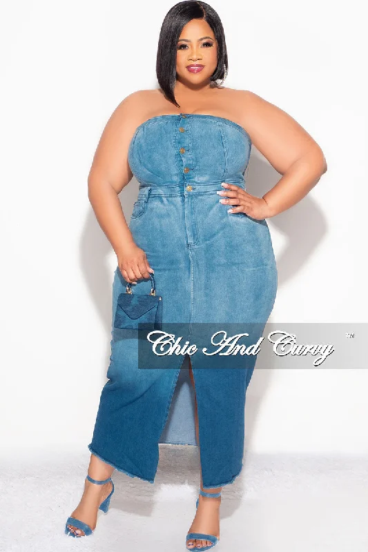 Final Sale Plus Size Color Block Strapless Button Up Dress with Front Slit in Light Denim and Dark Denim