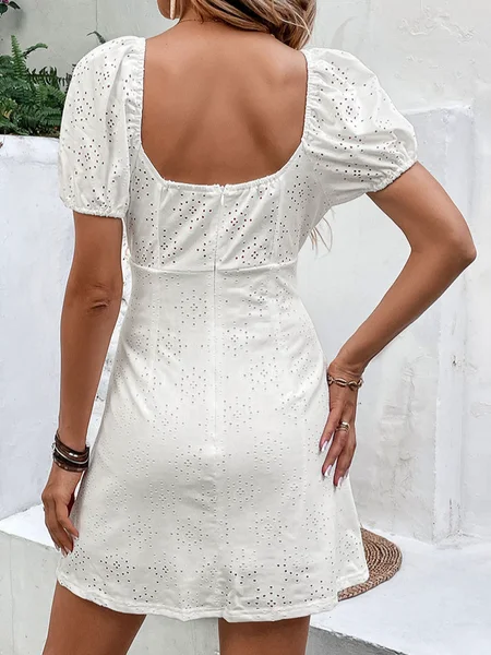 Front BowKnot Sweetheart Neck Eyelet Puff Sleeve Dress