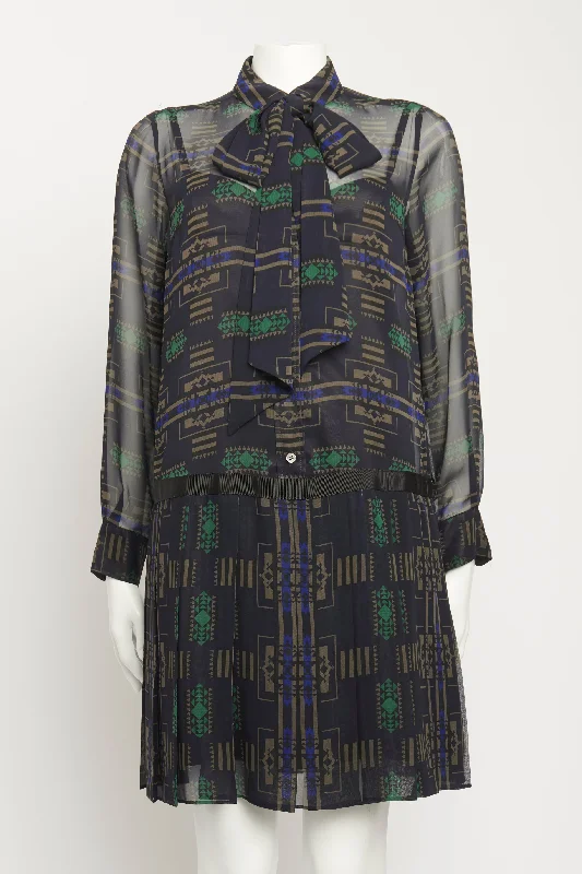 Geometric Navy Silk Double Layer Preowned Dress