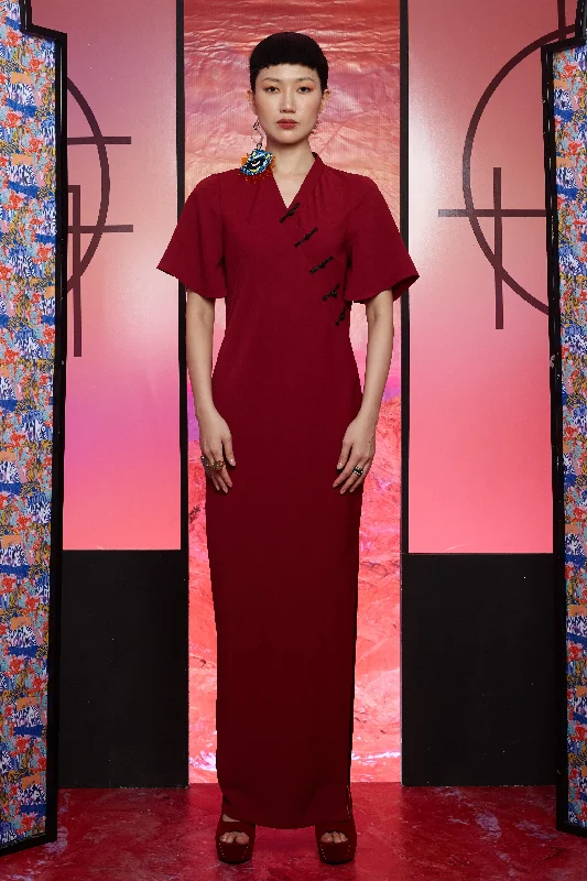 MAROON CREPE WITH BLACK CHINESE BUTTONS - BIAS CUT DRESS - MAROON