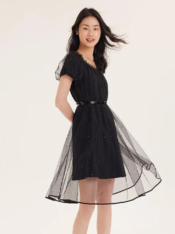 Mesh Sequins A-Line Dress