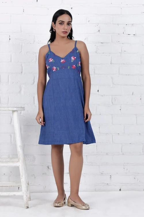 Neera Blue Hand-Embroidered & Handwoven A Line Dress