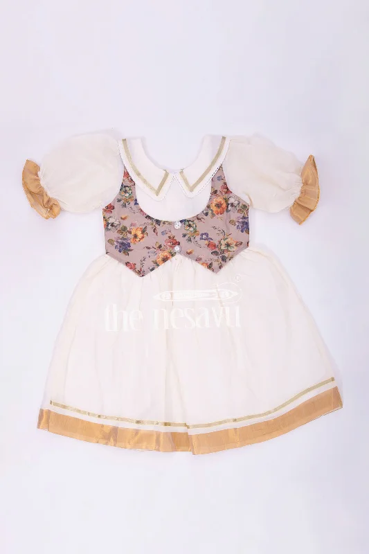 Traditional Bacchon Ki Dress - Puff Sleeve Onam Cotton Frock with Waistcoat Design