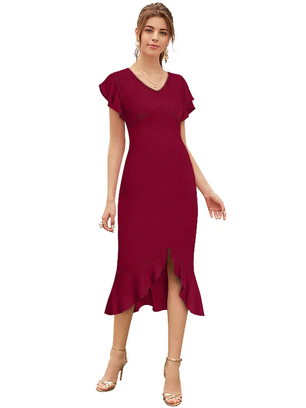 Odette Maroon Knit Fabric Dress For Women