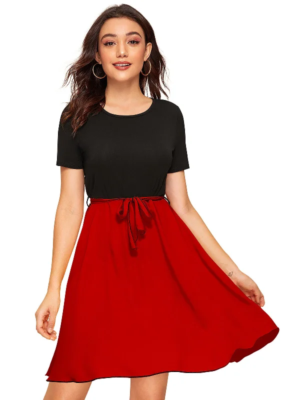 Odette Red and Black Knit Fabric Dress For Women